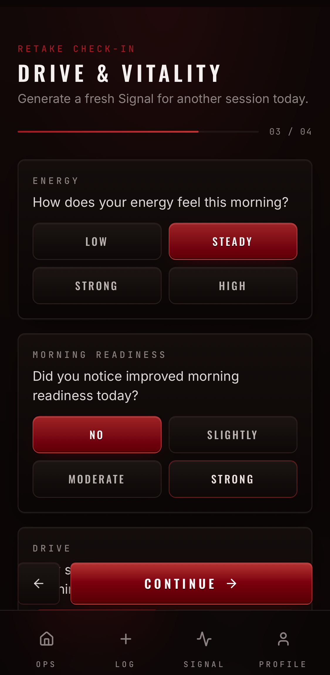 Rockit IQ morning check-in screen showing tailored questions