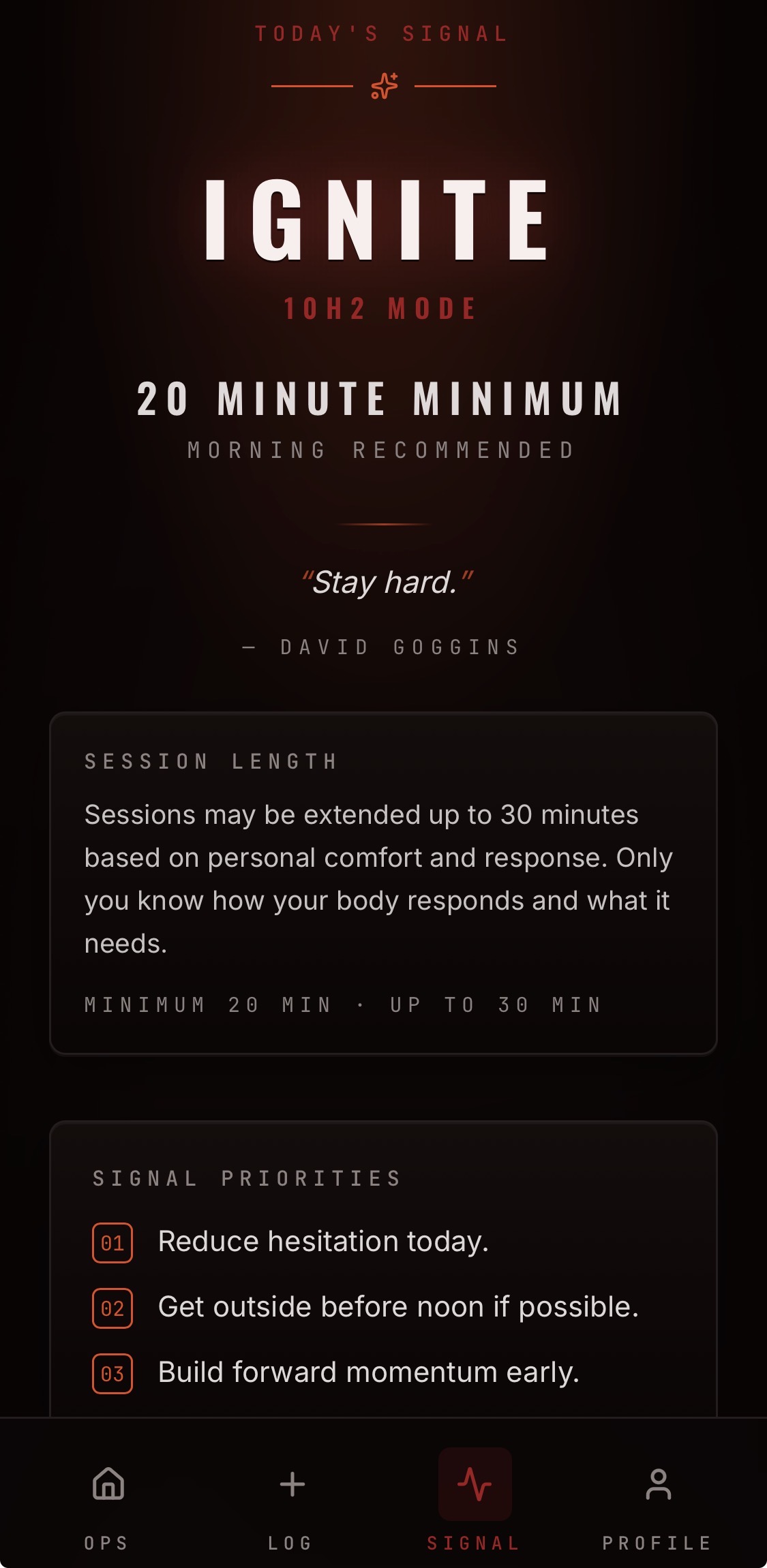 Rockit IQ daily Signal showing IGNITE mode and session length